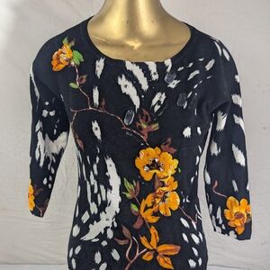 Elizabeth Floral Black and Orange Women's Sweater With Embellishments Medium